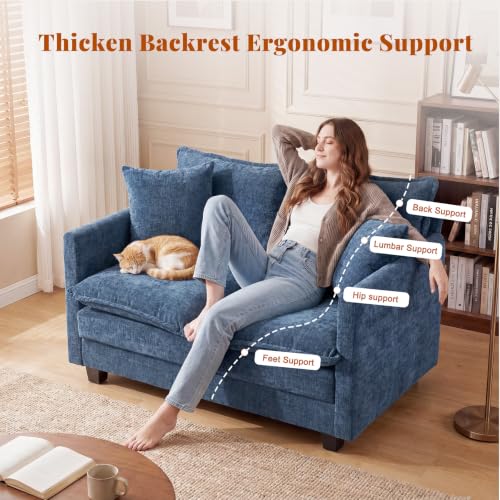 Image of 50'' Loveseat Sofa Set, Small Couch Set 2 Piece Cloud Love Seat with 27 inch Deep Seat Washable Chenille Pillows Couches for Small Spaces Apartment Living Room, Blue