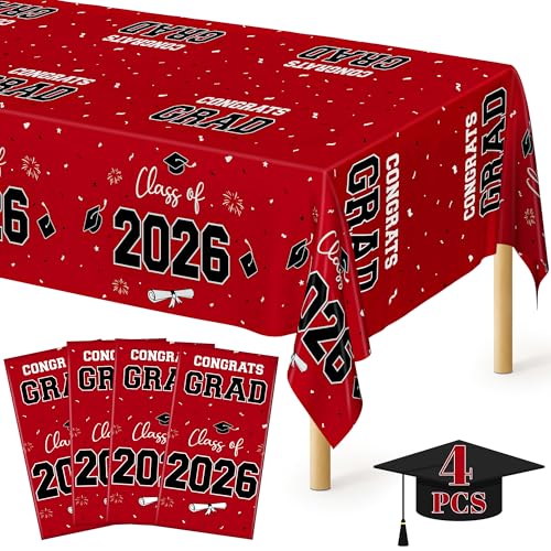 Image of QZYL 4 Pack Graduation Table Cloth, 54 inch x 108 inch Red 2026 Graduation Table Decorations, Disposable Grad Party Decorations for College, Rectangle Plastic Tablecover for Class of 2026 Congrats Grad