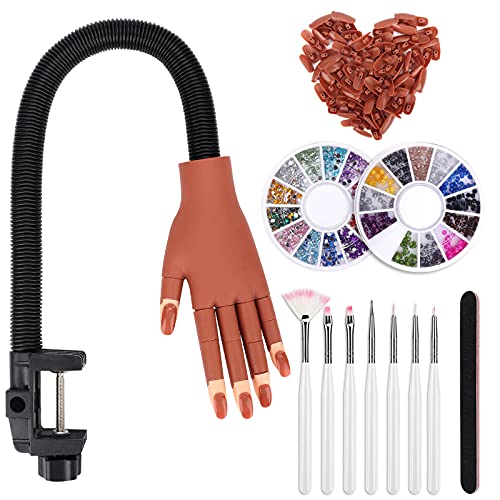 Nail Training Hand Practice Hand for Acrylic Nails-Flexible Moveable Fake Hand for Nail Practice,False Nail Mannequin Hands with 100PCS Replacement Tips,7Pcs Nail Paint Pen and 2 Box Nail Rhinestones