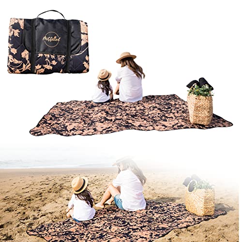 Large Picnic Blanket Our Portable Outdoor Mat fits 6 Adults and Water-Resistant Handy Tote Spring Summer Black and Pink Flower, Great for Beach Camping on Grass, Waterproof Sandproof (Starlight)