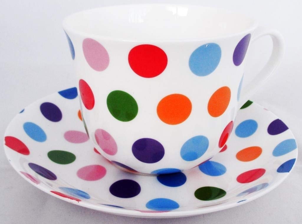 Fromeuropewithlove Multi Polka Dots Breakfast Large Cup & Saucer Fine Bone China Jumbo Tea Coffee Cup Saucer Hand Decorated In Uk