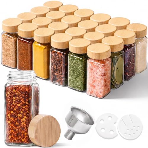 ComSaf 24 Pack Glass Spice Jars with Bamboo Lids 120ml Square Seasoning Containers with Metal Funnel & Dual-Function Shaker Inserts Space-Saving Organiser for Kitchen Racks Drawers and Cupboards