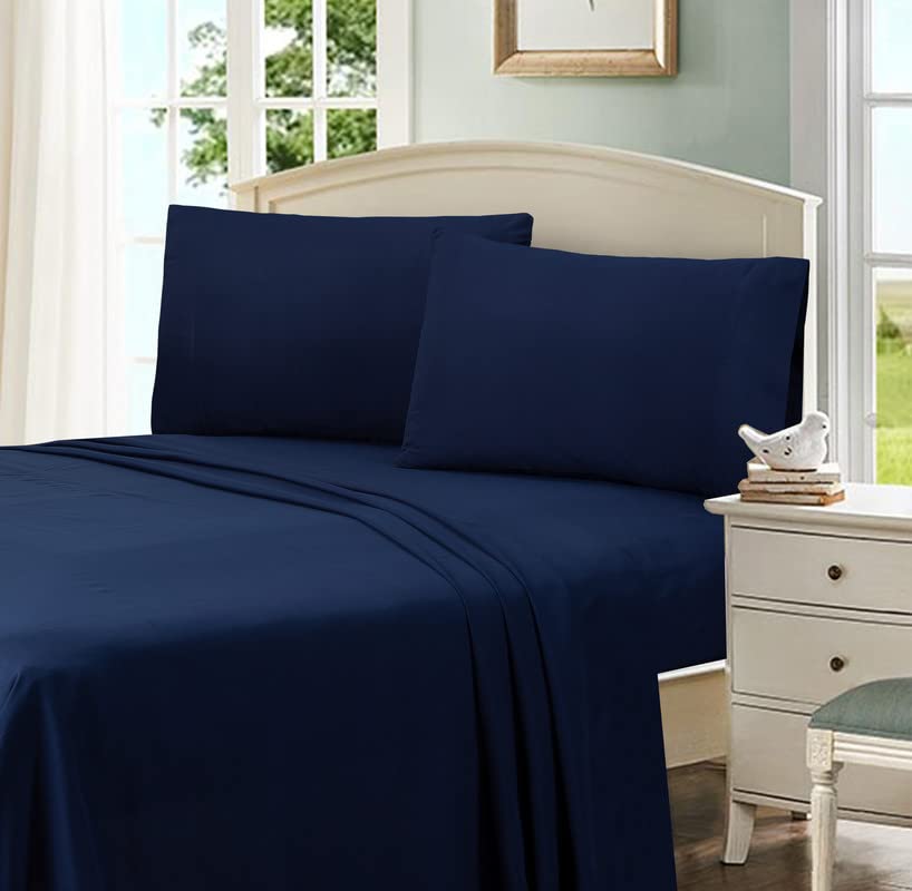 Image of Bed Sheet Double Size Cotton - Pure Egyptian Cotton Double Size BedSheet with Pillow Cover - Solid Navy 600 Thread Count - Stain Resistant, Skin Friendly, Organic Cotton BedSheet