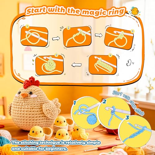 Image of Joyclub Crochet Kit for Beginners 4 Chicken Family with Video for Adults