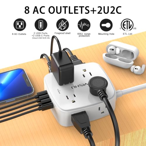 Image of YISHU 6 Ft Surge Protector Power Strip - 8 Widely Outlets with 4 USB Ports, 3 Side Outlet Extender with 6 Feet Extension Cord, Flat Plug, Wall Mount, Desk USB Charging Station, ETL, White