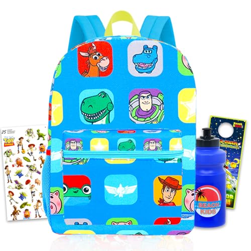 Disney Mochila Toy Story 5 para crianças – Pacote com mochila Buzz Lightyear e Woody de 40,6 cm, garrafa de água, adesivos e muito mais | Mochila escolar Toy Story para meninos, meninas