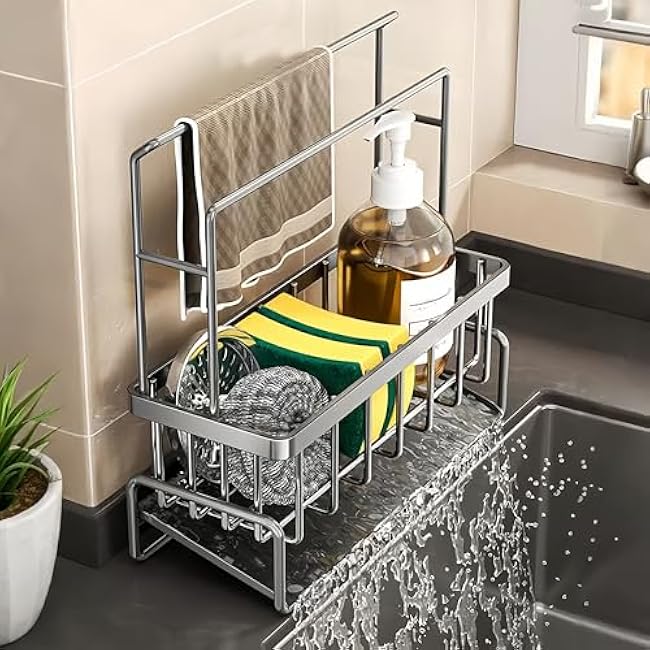 Sponge Holder for Kitchen Sink, Sink Caddy with Towel Rack, Sponge Holder and Soap Dispenser Stand, Kitchen Countertop Accessories (Gray)