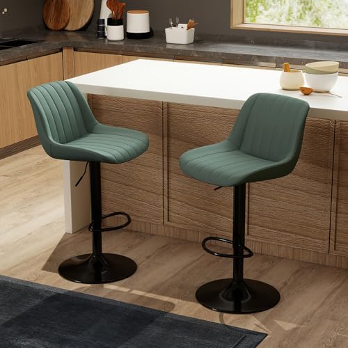 Image of Youhauchair Adjustable Faux Leather Bar Stools Set of 2, Green | Swivel, Counter Height, Back & Footrest, Armless, PU, Modern, Kitchen Island Stool, Upholstered Dining Room Chair