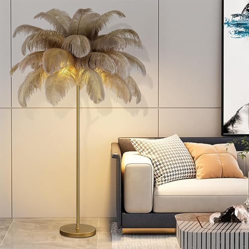 Lámpara de pie LED regulable y decorativa con plumas de avestruz para lectura