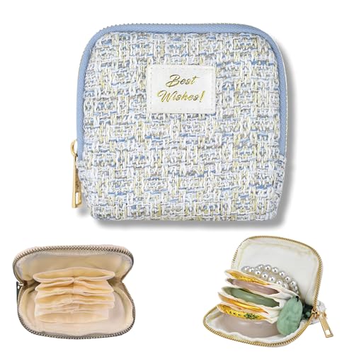 Jewelry Organizer Case, Small Travel Tweed Pouch, Portable (Icy Blue)