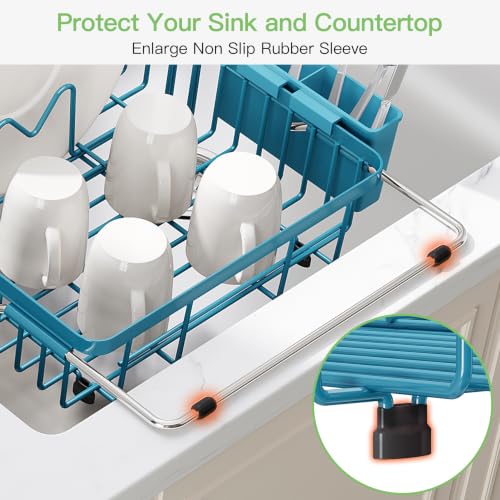 Image of JASIWAY Blue Dish Drying Rack Over the Sink with Utensil Holder