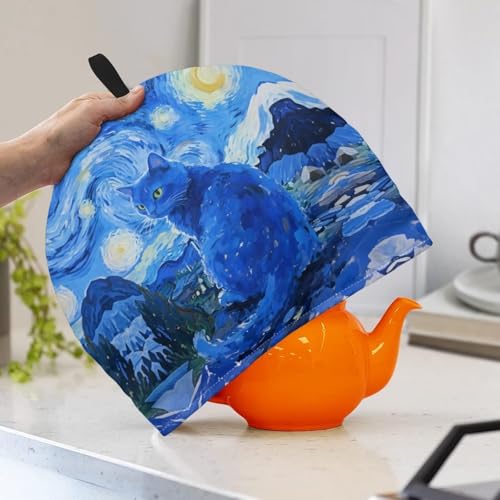 Image of Tea Cozy Starry Night Blue Cat Print Creative Insulated Tea Cosy Extra Thick Home Kitchen Decoration Creative Gifts Dust Teapot Cover Kitchen Accessories for Travel