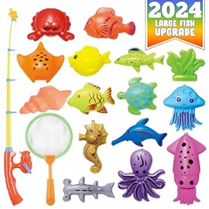 CozyBomB™ Kids Fishing Bath Toys Game – 17Pcs Magnetic Floating Toy Magnet Pole Rod Net, Plastic Floating Fish – Toddler Education Teaching and Learning Colors (New)