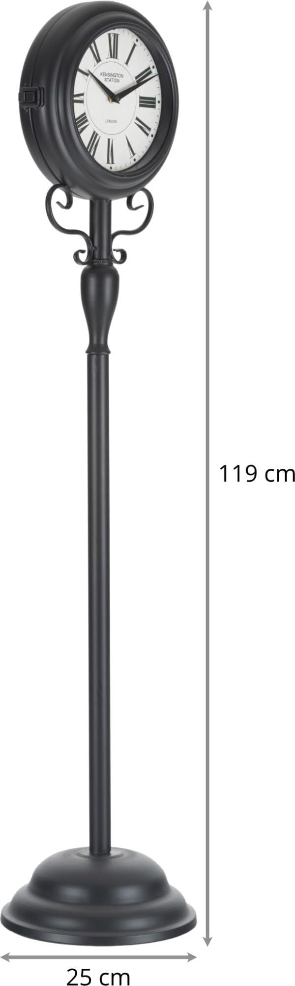 Stagecaptain BHU-11926 BK Stand-Bahnhofsuhr - Standuhr für Innen- und überdachten Außenbereich - Doppelseitig - Retro Metallkonstruktion - Durchmesser Ziffernblatt: 18 cm - Schwarz