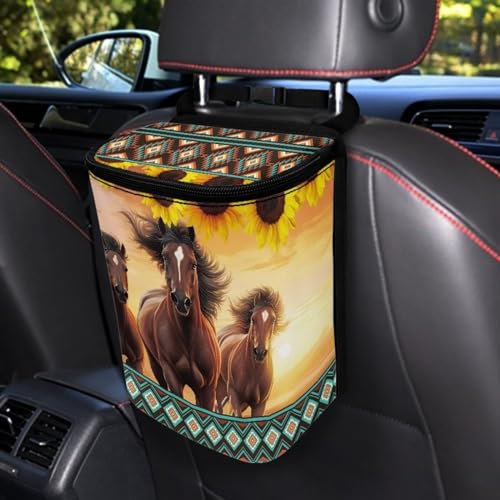 Image of Brown Horse Car Trash Can with Lid,Hanging Leak Proof Garbage Bin for Back Seat,Universal Fit Most Vehicle Truck Interior Accessory