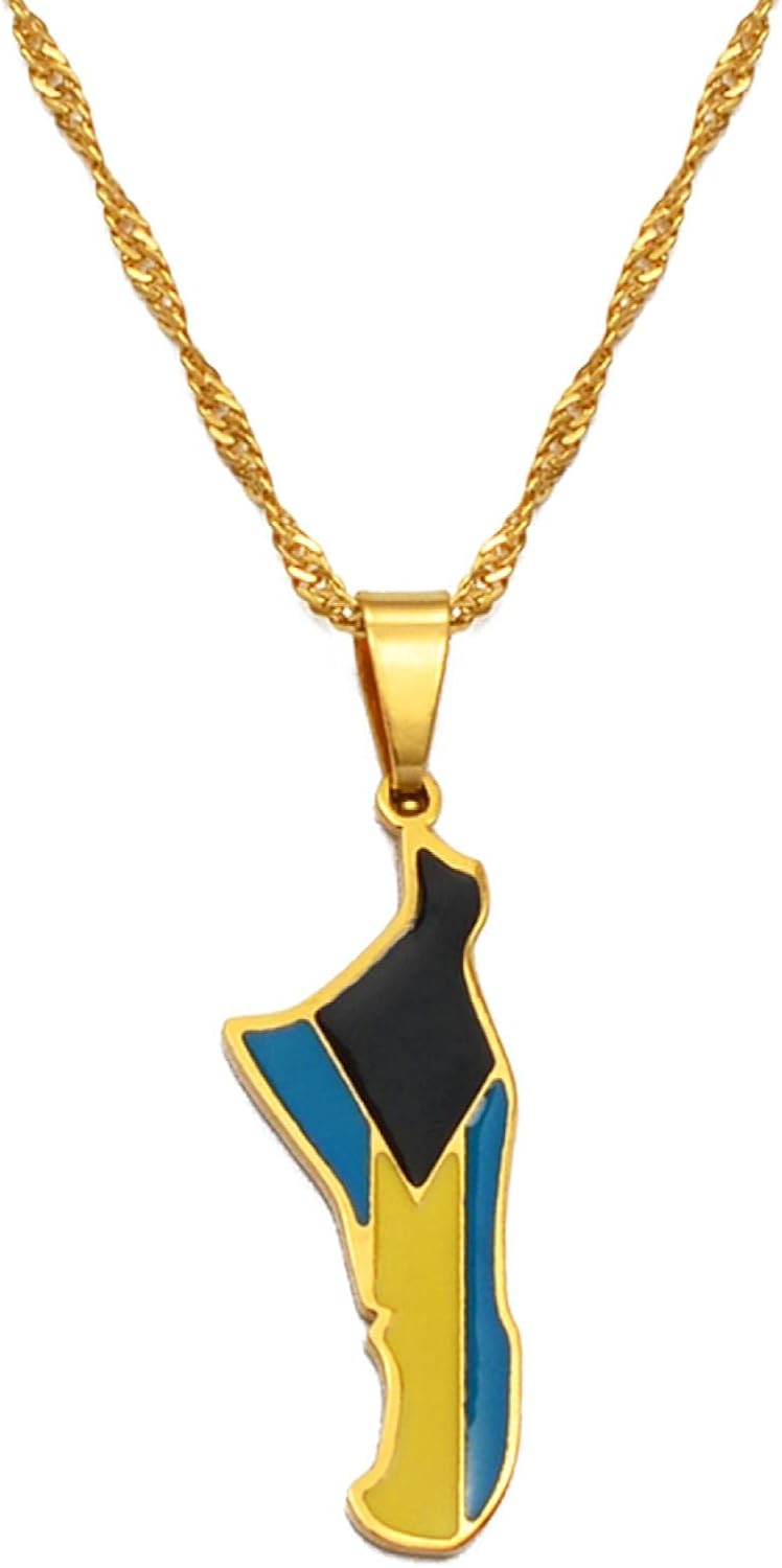 Amazon バハマ アンドロス島 地図と国旗 ペンダントとチェーン ネックレス ゴールド カラー ジュエリー 女性 女の子 ネックレス 通販