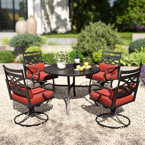 PHI VILLA 5 Pieces Outdoor Dining Set for 4, 42' Round Black Metal Table with Umbrella Hole & Wrought Iron Swivel Chairs, Large Outside Furniture with Red Cushions & Pillows for Patio, Deck, Porch