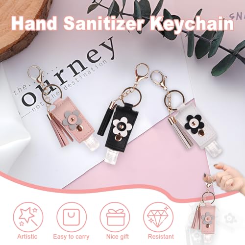Image of 3 Pieces Small Hand Sanitizer Keychain, 30ml Portable Leather Hand Sanitizer Holder Travel Size for Lotion Liquid Soap Shampoo (Black、White、Pink)