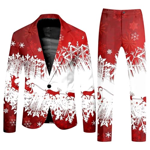 Men Suits 2 Piece Set Classic Fit Christmas Print Slim Fit One Button Dress Suits Business Jacket Blazer Tuxedo Set