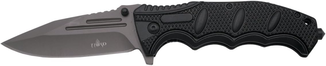THIRD Assisted Folding Knife K0814BK, Black Aluminium Handle, 10.3 cm Stainless Steel Blade Coated in Grey Titanium. with Nylon Sheath