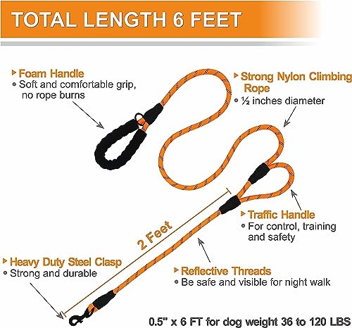 Image of 5FT Strong Dog Leash with Comfortable Padded Handle and Highly Reflective Threads Dog Leashes for Small Medium and Large Dogs (Double Handle - Orange)