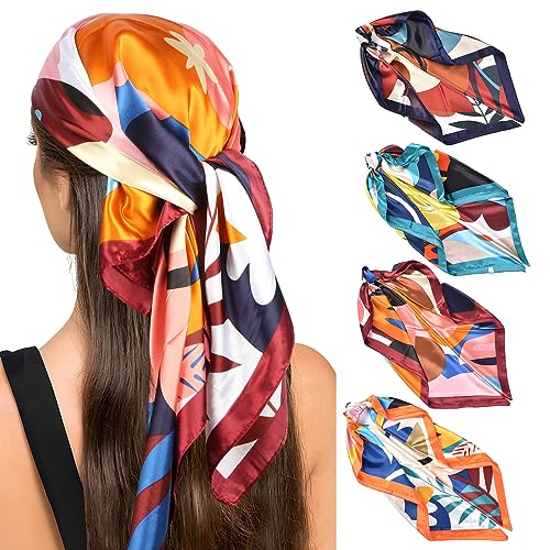 XIEJ 4 Stück Kopftuch Seidentuch Halstuch für Damen, 90x90cm Kopftuch...