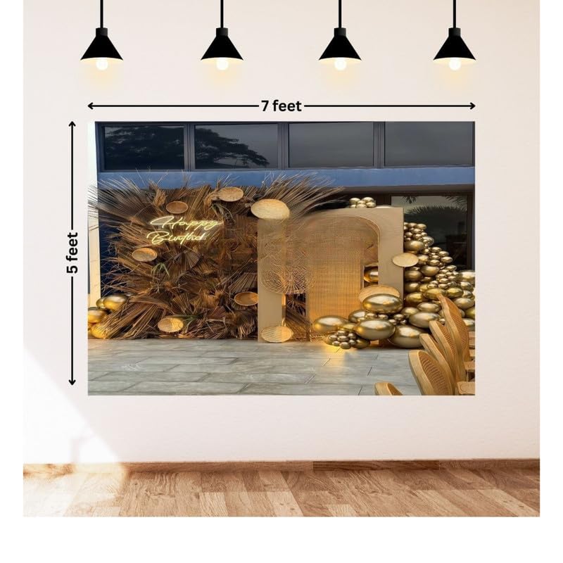 Image of Luxury Gold Boho Celebration Backdrop with Dried Palm Decor and Metallic Balloon Arrangement