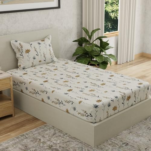 Image of HUESLAND by Ahmedabad Cotton 144 TC Cotton Elastic Fitted Bedsheet for Single Bed with 1 Pillow Cover | 36 x 78 inches