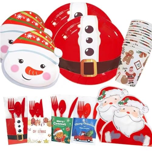 KIKEVITE Disposable Christmas Plates Set | Dinnerware Table Decorations - Serves 12-96 PCs | 7 and 9 Inch, Napkins, 9oz Cups Paper Cutlery Holder Holiday Xmas Party Supplies