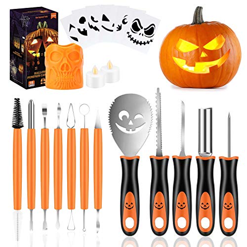 Professional Halloween Pumpkin Carving Kit, 21Pcs Pumpkin Cutting Supplies Tools with Skull Storage Carrying Bucket, 2 LED Candles & 6Pcs Free Carving Template for Halloween Jack-O-Lanterns Decoration