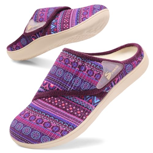 Spesoul Wide Womens Slippers Adjustable Diabetic Shoes Fuzzy Rubber Soles House Shoes Indoor Outdoor Slippers for Home Bedroom Swollen Edema Feet