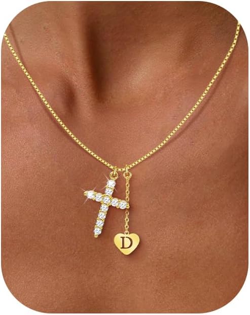 Initial Necklaces for Women Teen Girls 14K Gold - Diamond Cross Necklace with Letter A-Z Pendant for Mom Girlfriend Wife Daughter Niece, Personalized Jewelry Gifts for Birthday Graduation Valentine