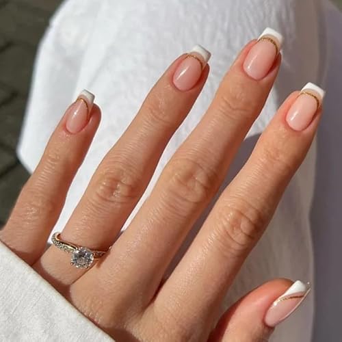 24Pcs French Tip Press on Nails Short Fake Nails Square Shape with Gold Glitter Designs Glossy False Nails Acrylic Nails Cute Funny Nail Tips for Women and Girls 24.0 Fl Oz
