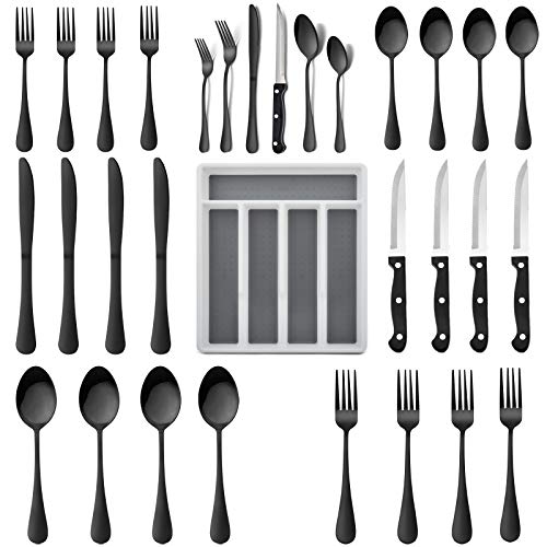 24-Piece Silverware Set with Flatware Drawer Organizer, HaWare Stainless Steel Cutlery Set with 4 Steak Knives, Eating Utensils Set Service for 4, Mirror Polished, Dishwasher Safe-Black