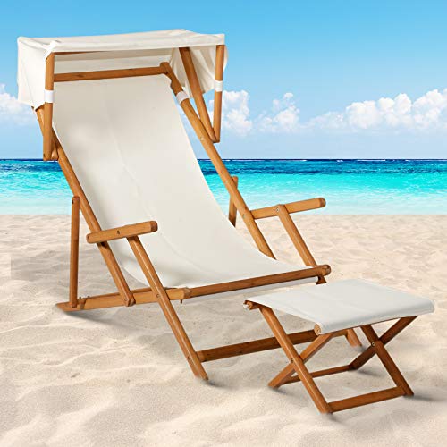 Outsunny Outdoor Garden Wood Frame Folding Deck Chair with Canopy