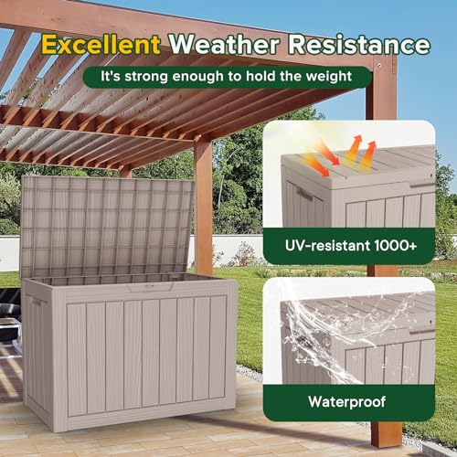 Image of 46 Gallon Outdoor Deck Box,Storage Lockable Waterproof Patio Furniture,Garden Tools,Cushions,Pool Accessories Outside Storage Resin Box(Light Brown)