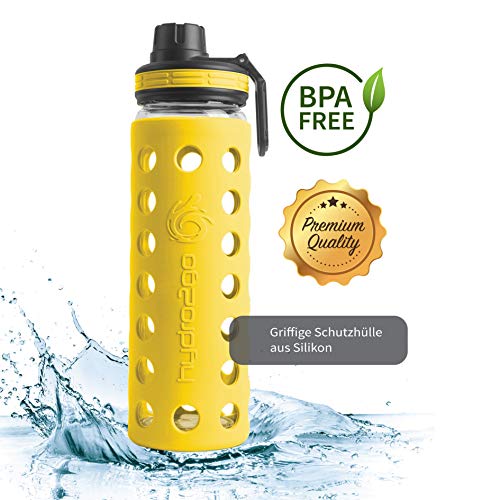 Spülmaschinenfeste Glas-Trinkflasche hydro2go mit Silikonhülle