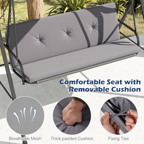 Image of Tangkula 2 Person Porch Swing, Outdoor Swing with Removable Cushions, Solid Metal Structure, Patio Swing with Adjustable Canopy for Garden, Backyard, Balcony, Poolside