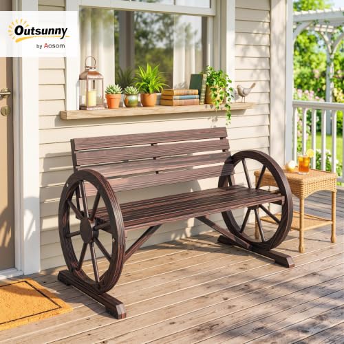 Image of Outsunny 41 inch Wooden Wagon Wheel Bench Rustic Outdoor 2-Person Carbonized