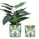 MyGift Modern Metal Flower Pot with Green Palm Leaf Design and Brass Tone Interior, Decorative Small Succulent Planter Container, 2 Piece Set - Handcrafted in India