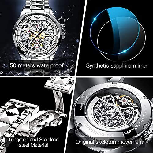 Automatic Men's Watches Skeleton Mechanical Mens Watch Self Winding Stainless Steel Fashion Luxury Sapphire Crystal Watches Silver Black Movement Dress Two Tone Gold OUPINKE Wristwatches — view 6