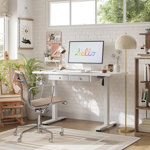 Image of Agilestic Electric Standing Desk with Drawers, 48 x 24 Inches Height Adjustable Desk, Stand up Computer Table with Memory Preset, for Work Office Home, Drawers-White