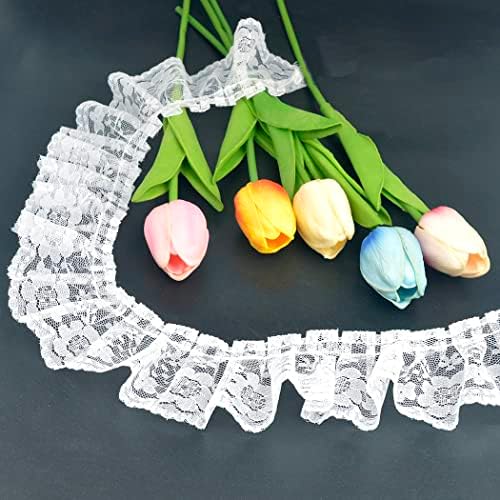 Kuasting 11 Yard Vintage Lace Pleated Fabric Trimming Ruffle Fabric Embroidered Sewing Lace Trim Wedding Bridal Dress Appliques Patches & Handmade DIY Sewing (White)