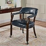 MODERION Large Dining Chairs with Wheels and Arm, Caster Boss Captain's Chairs with Solid Wood Leg, Office Desk Chairs with Button Upholstered, Classic Swivel Chair, 31.5”H Brown Leg & Blue SY318LB