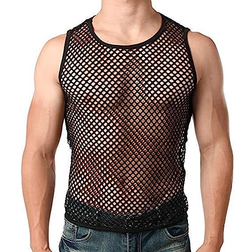 Evankin Mens Sexy Mesh Tank Top See Through Fishnet Sleeveless Tank Shirt Round Neck Sheer Undershirts