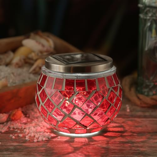 LED Solar Windlicht Mosaik Solarglas Mosaikglas Tischleuchte dekorative Solarleuchte kaltweiße LED mit Lichtsensor H: 9cm für Außen Terrasse Balkon rot