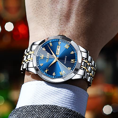Olevs YPF-S-G9931GJ-JL Watch For Men Diamond Business Dress Analog Quartz Stainless Steel Waterproof Luminous Date Two Tone Luxury Casual Wrist Watch Blue thumb #6