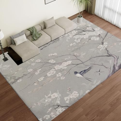 Tappeti lavabili con stampa floreale di grandi dimensioni antimacchia, tappeti per camera da letto, cucina, tappetino da pavimento di lusso grigio retrò con motivo a salice, tappetino antiscivolo a