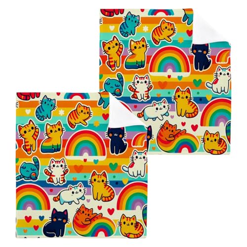 YANENDIE Cute Rainbow Cats Washcloths Towels, Highly Absorbent and Soft Cotton Face Cloths, 2 Pack Quick Dry Wash Cloths - 12 X 12 Inches