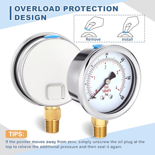 Image of Flutesan 6 Pcs 0-60psi Low Pressure Gauge 2.5 inch Face Dial Size 1 /4 NPT Lower Mount Waterproof Pressure Gauge with Stainless Steel Case for Pool Water Pump Tire Water Oil Air